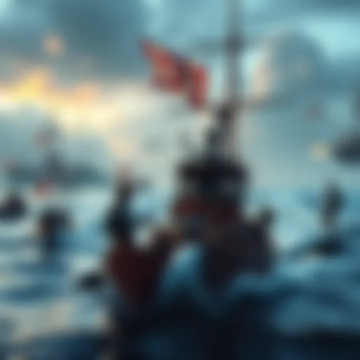 A tabletop RPG setting featuring players engaged in ocean combat with boats and fishing gear on an island backdrop.