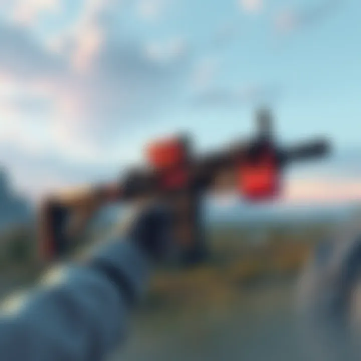 An illustration of an Oden gun with tactical attachments on a battlefield backdrop, showcasing a player aiming it for combat