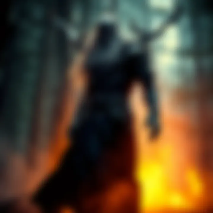 Odin disguised as Tyr standing in a dark forest, with a mysterious aura around him.