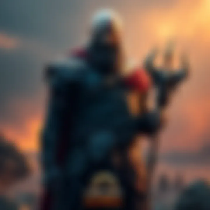 Odin stands with a stern expression, wearing a dark cloak and holding a staff, surrounded by a mystical setting.