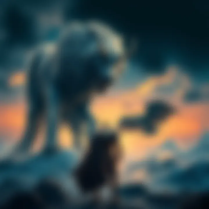 Odin stands boldly facing Fenris, the giant wolf, in a dramatic scene symbolizing fate and destiny in Norse mythology.