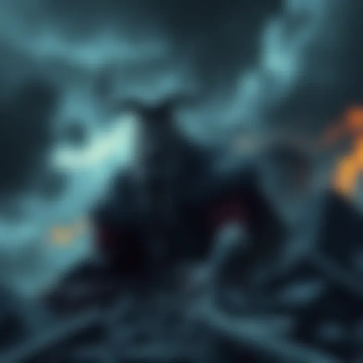 Odin's Defeat A somber depiction of Odin reflecting on his downfall, with a look of regret on his face, surrounded by dark stormy skies and ruins, symbolizing his tragic end.