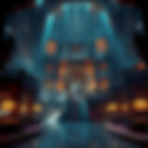 A grand depiction of Odin's Palace featuring intricate wooden architecture and details that resemble a steakhouse ambiance.