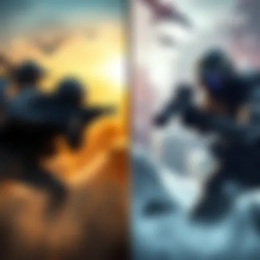 A split image showing two game styles: one side features squad-based shooters like Rainbow Six with tactical gameplay, while the other shows tactical approaches like Ghost Recon with advanced weaponry...