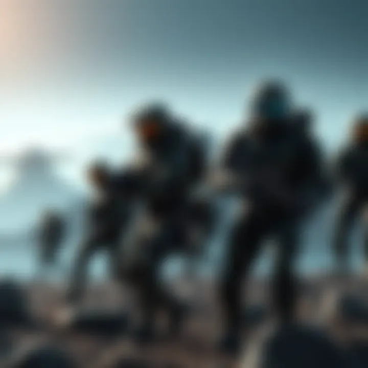 A squad of ODST soldiers in tactical gear on the surface of Zeta Halo, preparing to engage Banished forces in a stealth operation.