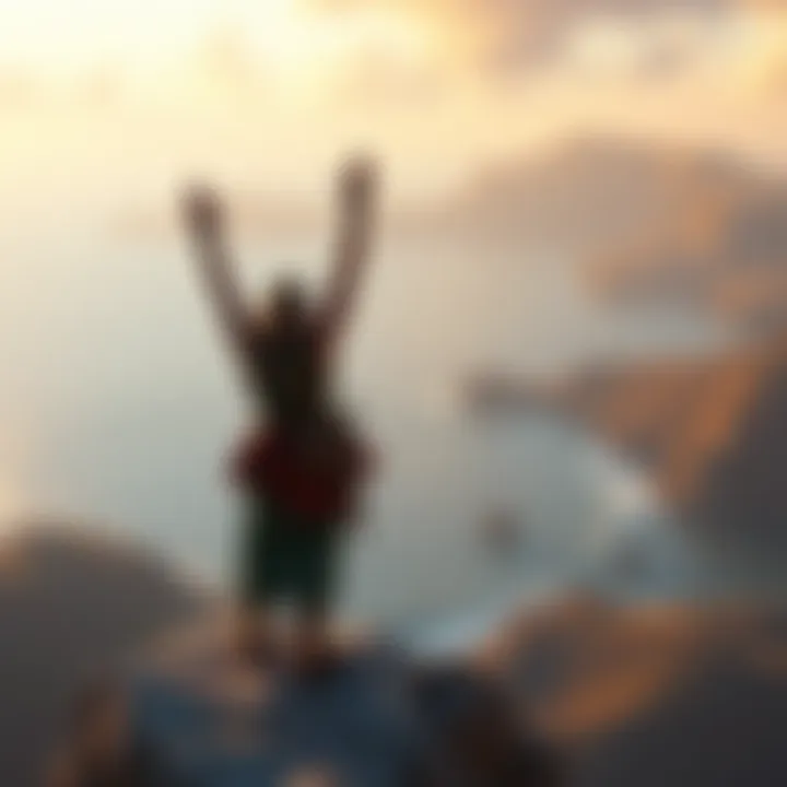 The main character from Odyssey standing on a cliff, overlooking a beautiful landscape with the ocean in the background, arms raised triumphantly as the sun sets.