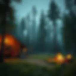 A lush forest with a rustic cabin, campfire, and survival gear, showcasing an immersive off-grid living experience in a survival game.