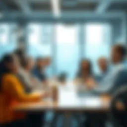 A diverse group of employees sitting around a conference table discussing work projects in a modern office