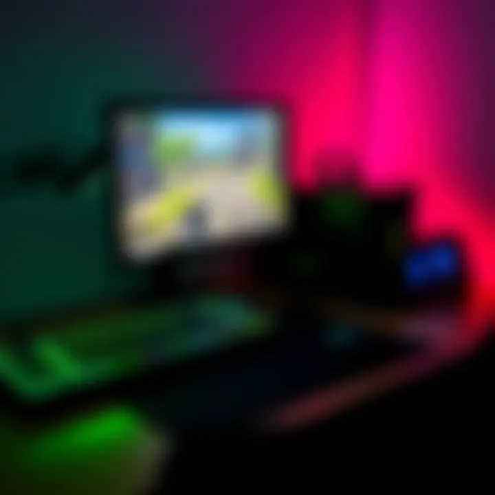 An upgraded office computer setup with gaming peripherals like a mechanical keyboard and gaming mouse, showing a popular game on the screen.