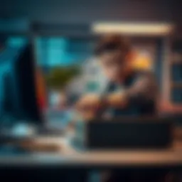 Office Search A person searching through a desk drawer in an office setting, looking concerned about privacy and legality.