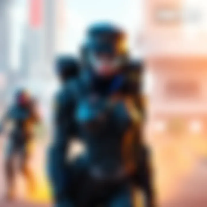 Officer D.Va Skin Concept A digital character design of Officer D.Va in her police uniform, complete with her mech suit, set against a vibrant gaming backdrop.