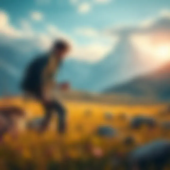 A character exploring a vast open field with mountains in the background, crafting tools and gathering resources. The scene showcases freedom and adventure in a colorful world.