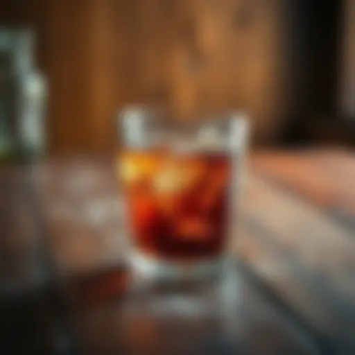 A glass containing an aged drink, sitting on a wooden table with dust, suggesting it has been there for a long time, symbolizing time passing.