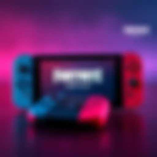 A Nintendo Switch displaying an outdated version of Fortnite on the screen with a controller beside it.