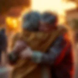 Two friends embrace after years apart, emotions blending joy and sadness, surrounded by a warm, nostalgic atmosphere.