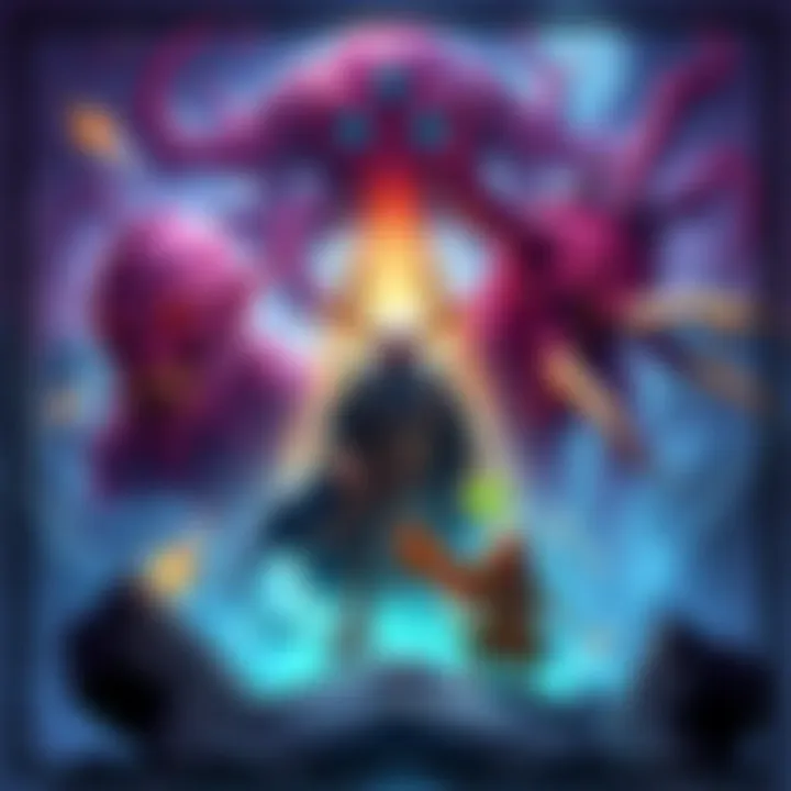 Illustration featuring the four Old Gods Y'Shaarj, Yogg-Saron, C'Thun, and N'Zoth, with symbolic imagery representing gameplay strategies and a Monk class.