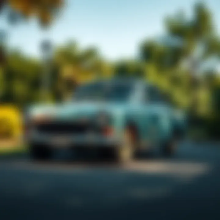 A vintage GT 210 car parked in a driveway, showcasing its classic design and faded paint, surrounded by greenery.