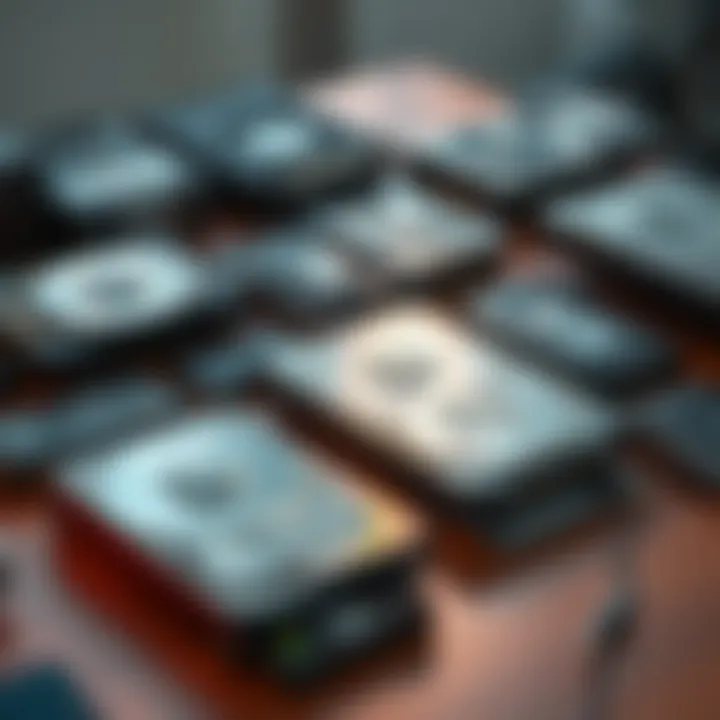 A collection of vintage hard drives and SSDs on a table, showcasing varying sizes and styles, illustrating the storage technology evolution.