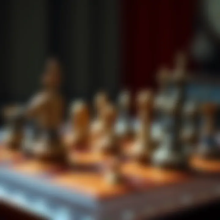 A beautifully crafted old Indian chess set showcasing intricate designs and detailed pieces on a wooden board.
