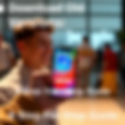 A person holding a smartphone showing an older version of an app on the screen, looking satisfied