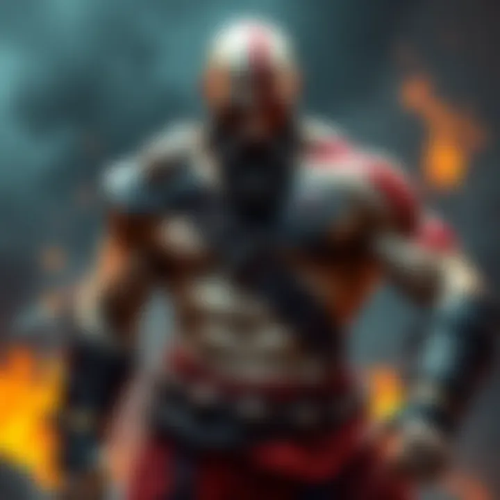 A muscular older warrior, Kratos, stands in a powerful battle stance, showcasing his intense expression and readiness for combat, with hints of rage in his eyes, contrasting with a background of chaos and destruction.