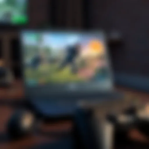 An old Dell Latitude D630 laptop displaying a low-spec game on its screen, with a gaming controller beside it
