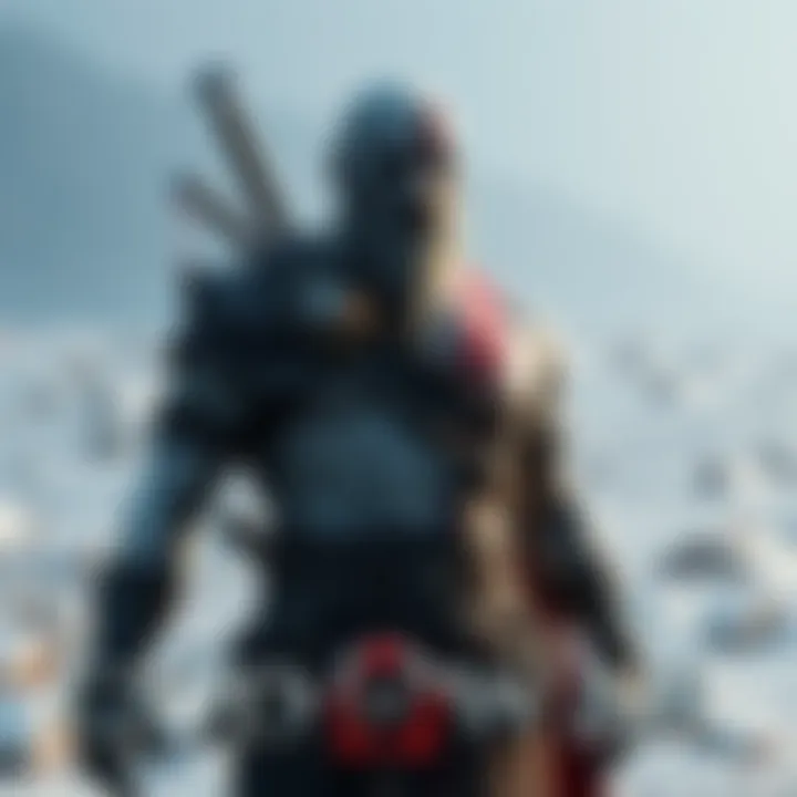 Old Man Kratos stands with his weapons, looking determined and reflective in a snowy landscape.