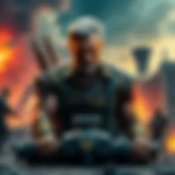 Depiction of an older superhero in a ruined city, showcasing intense determination and resilience