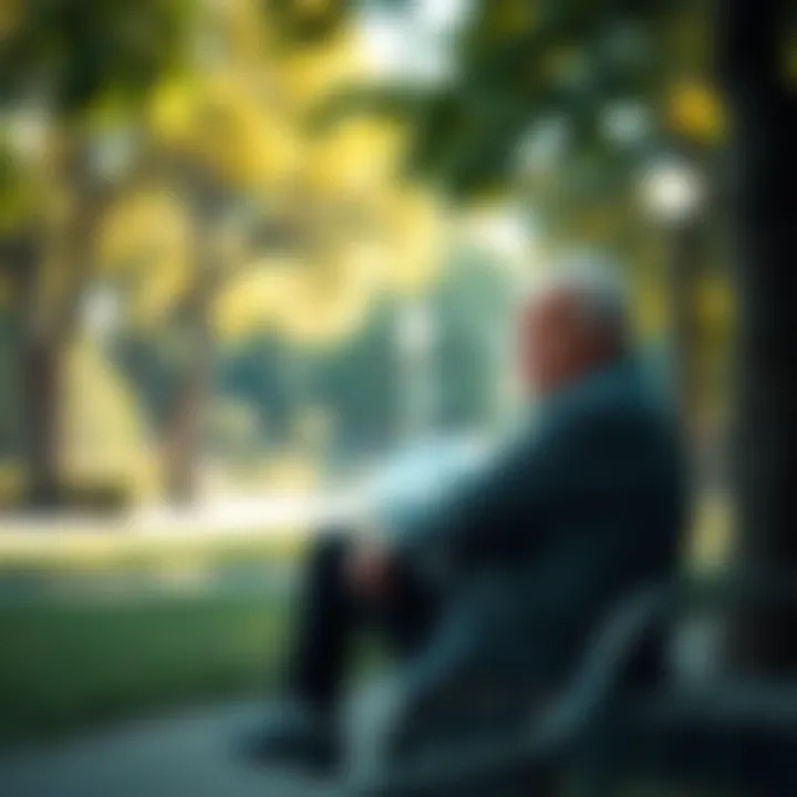 Old man sitting on a park bench An elderly man sitting peacefully on a park bench, gazing into the distance with a thoughtful expression, surrounded by trees and sunlight.