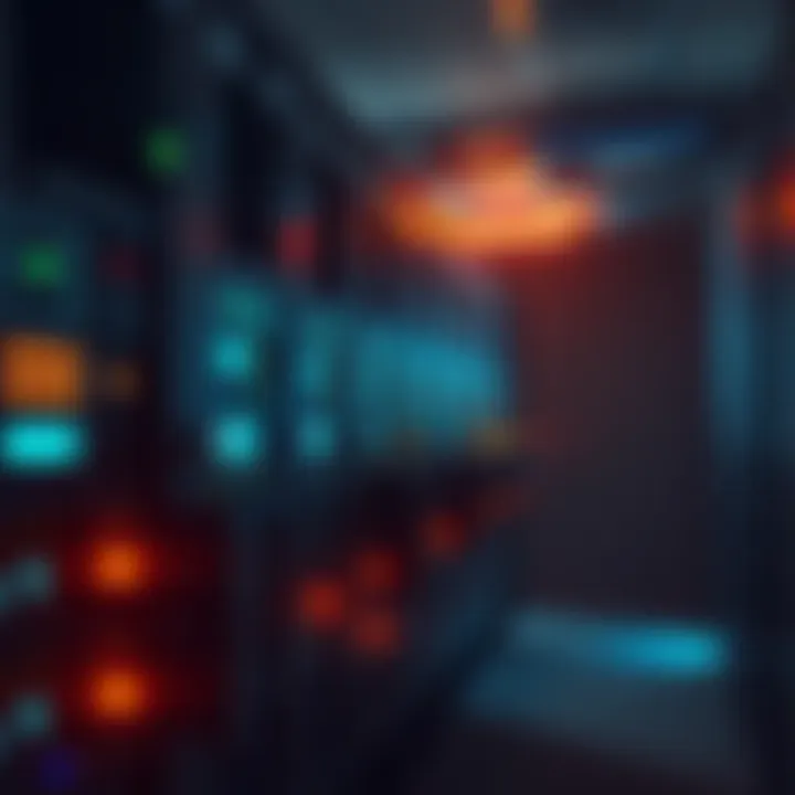 A row of old servers in a dimly lit server room with lights blinking. Dust and cables are visible, highlighting neglect and age.