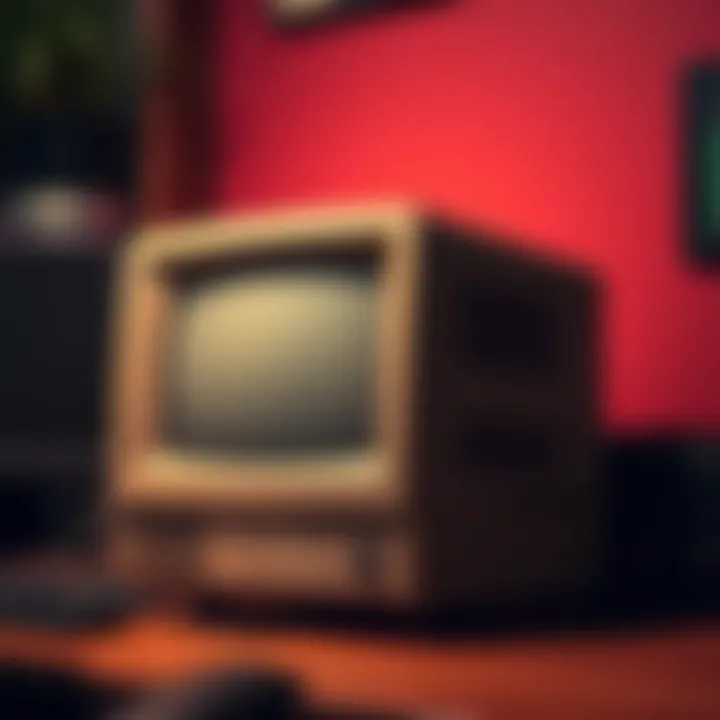 Old PC on a desk A vintage desktop computer with a unique case design sitting on a desk, showing its dusty exterior and aged appearance.