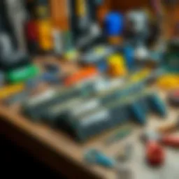Several old RAM sticks displayed with various DIY tools and tech gadgets on a workbench.