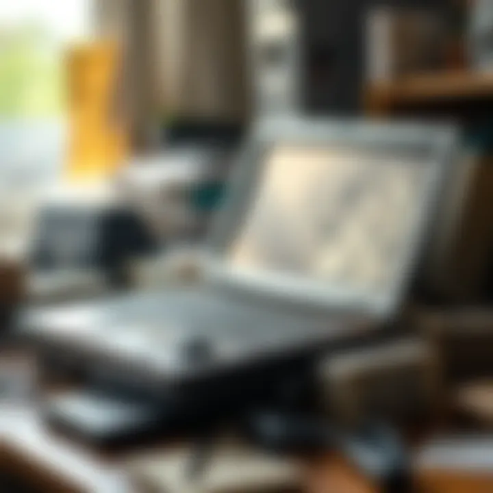 A worn-out Toshiba Satellite laptop on a cluttered desk, showcasing its age and limitations compared to modern devices.