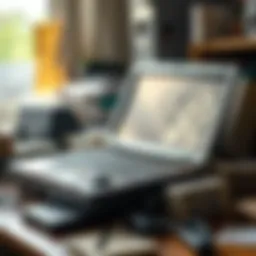 Old Toshiba Laptop A worn-out Toshiba Satellite laptop on a cluttered desk, showcasing its age and limitations compared to modern devices.