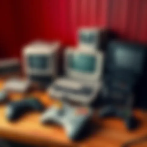 A collection of vintage video game consoles and controllers on a wooden table, showcasing classic gaming equipment from past decades.