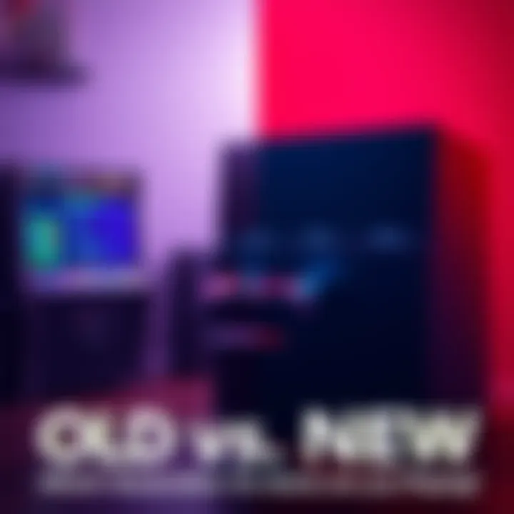 A split image showing a classic arcade game setup on one side and a modern gaming console on the other, highlighting the contrast in gaming styles.