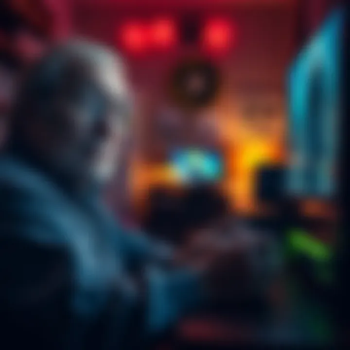 Older gamer focused on playing a Soulslike game An older man intently playing a challenging video game, showing concentration and determination, with a gaming setup in a cozy room.