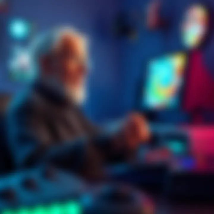 An older person sitting in front of a gaming console, looking thoughtful while holding a game controller, showing a mix of nostalgia and contemplation.