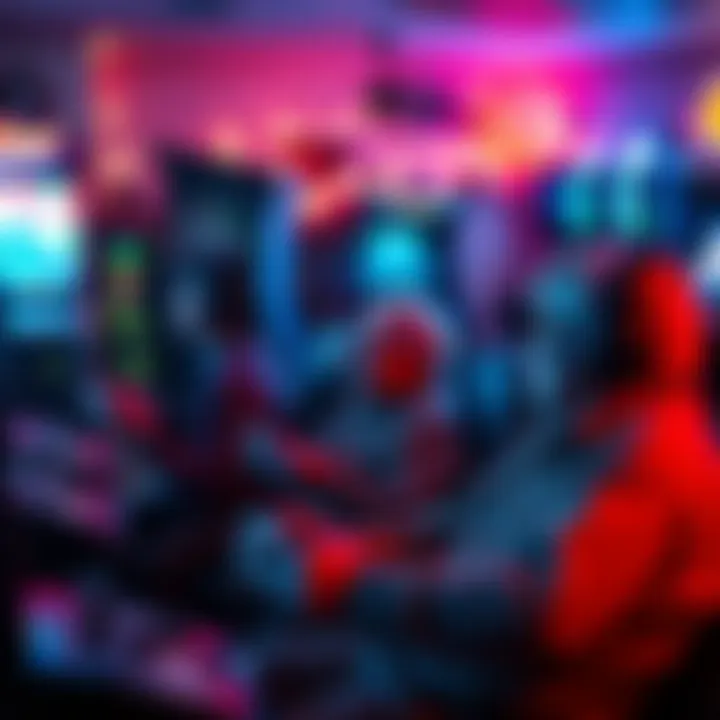 A group of older gamers playing classic arcade games in a cozy room, focusing on the screen and having fun.