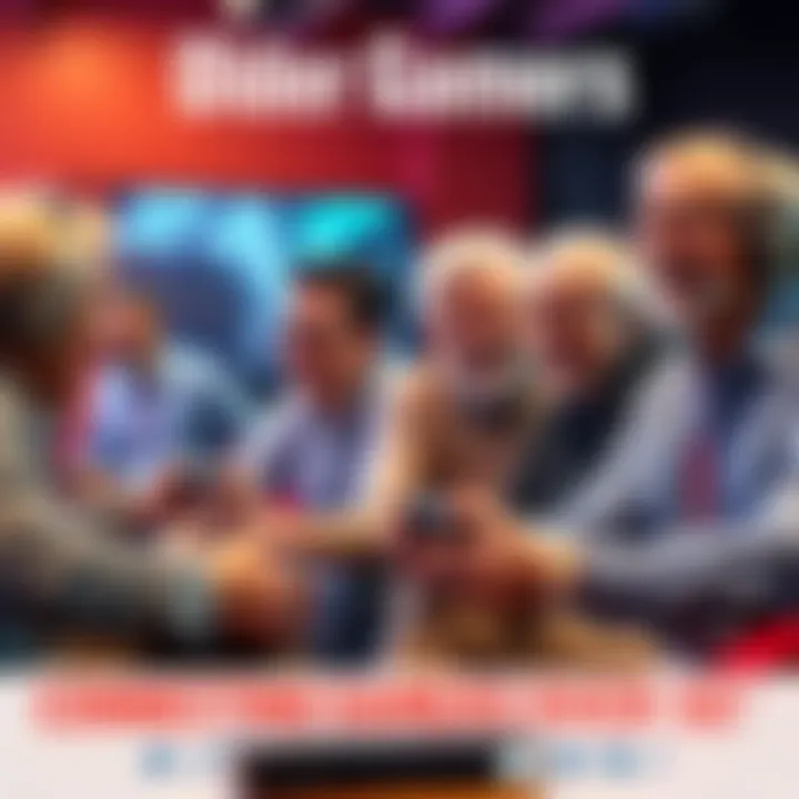 A group of older gamers, aged 50 and above, gathered around gaming consoles, smiling and engaging in conversation