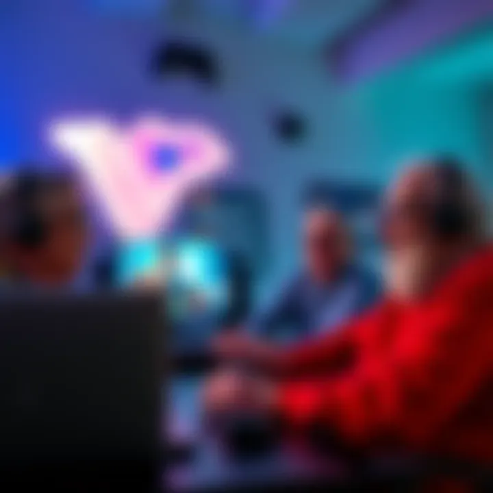 A group of older gamers chatting and playing together on their computers, smiling and enjoying their time