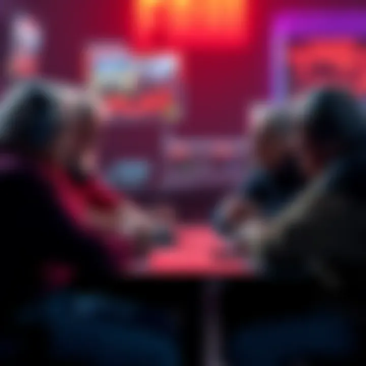 A group of older gamers sitting around a table, discussing changes in gaming with a mix of nostalgia and curiosity