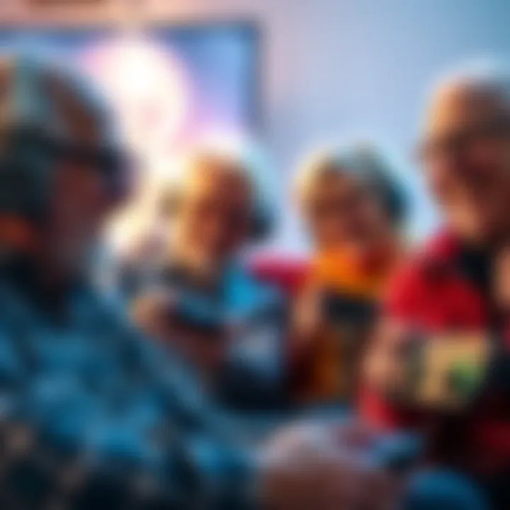A group of older adults playing video games together, smiling and engaged, highlighting the growing interest in gaming among retirees.