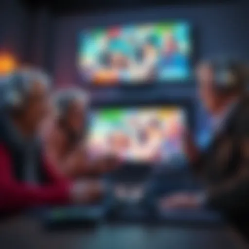 A group of older adults sitting together, enjoying video games on a large screen, showing smiles and excitement while playing