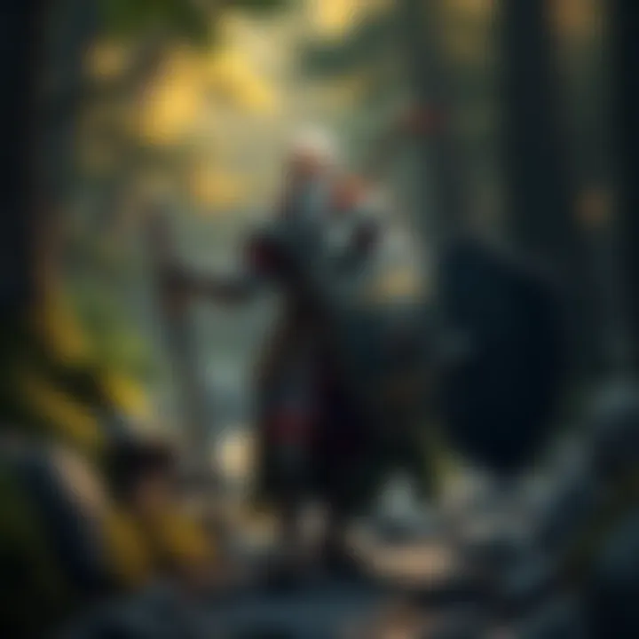 Older hero on an adventure A seasoned male character with gray hair wearing armor, holding a sword in one hand and a shield in the other, standing confidently on a rocky path, with a forest in the background.