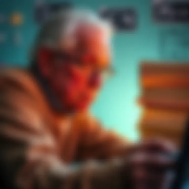 An older person focused on playing video games, with a thoughtful expression. A stack of math books is visible in the background, symbolizing their growing patience for subjects like math.