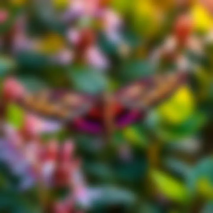 An oleander hawk-moth emerging from its old skin, displaying vibrant colors and wings in a garden setting.