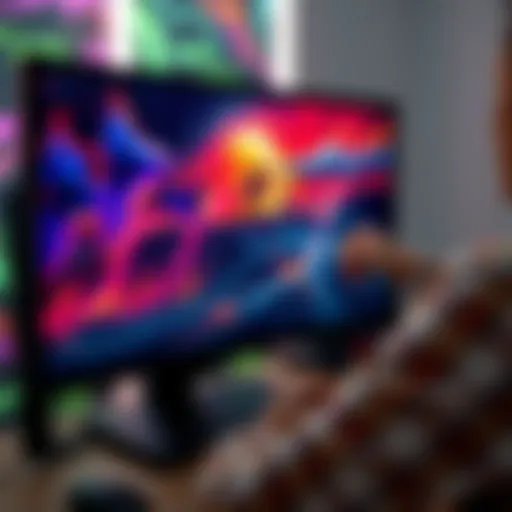 A person adjusting HDR settings on a gaming PC with an OLED monitor showing bright and colorful graphics