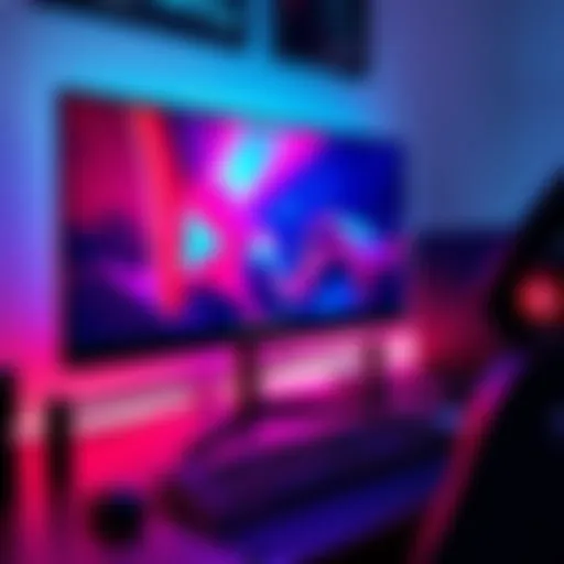 A sleek OLED monitor displaying vibrant colors on a desk with a gaming setup and keyboard