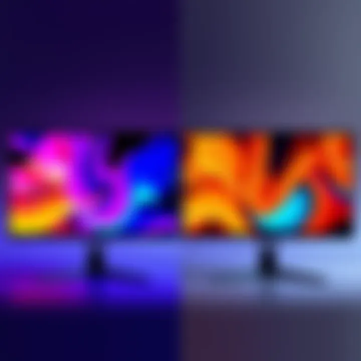 A side-by-side comparison of an OLED monitor and a traditional LCD monitor showing vibrant colors and details, illustrating the differences in display technology.